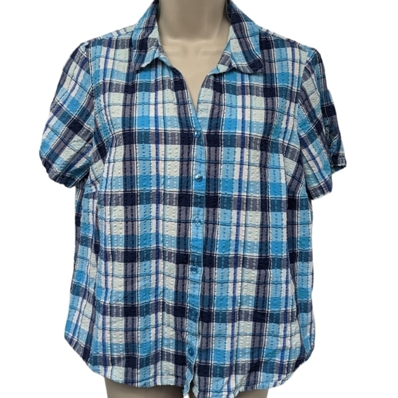 Erika Plaid Textured Button Down Short Sleeve Shirt Sz M - Picture 1 of 12
